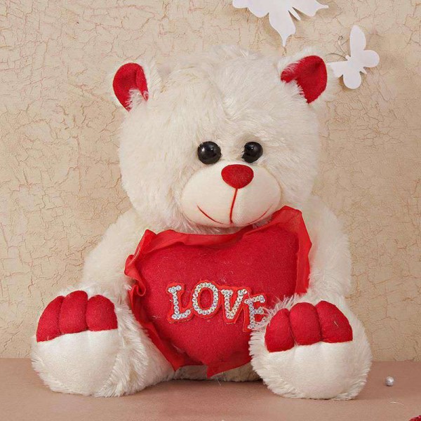 Cute 15 Inch White Teddy Bear holding red LOVE Heart